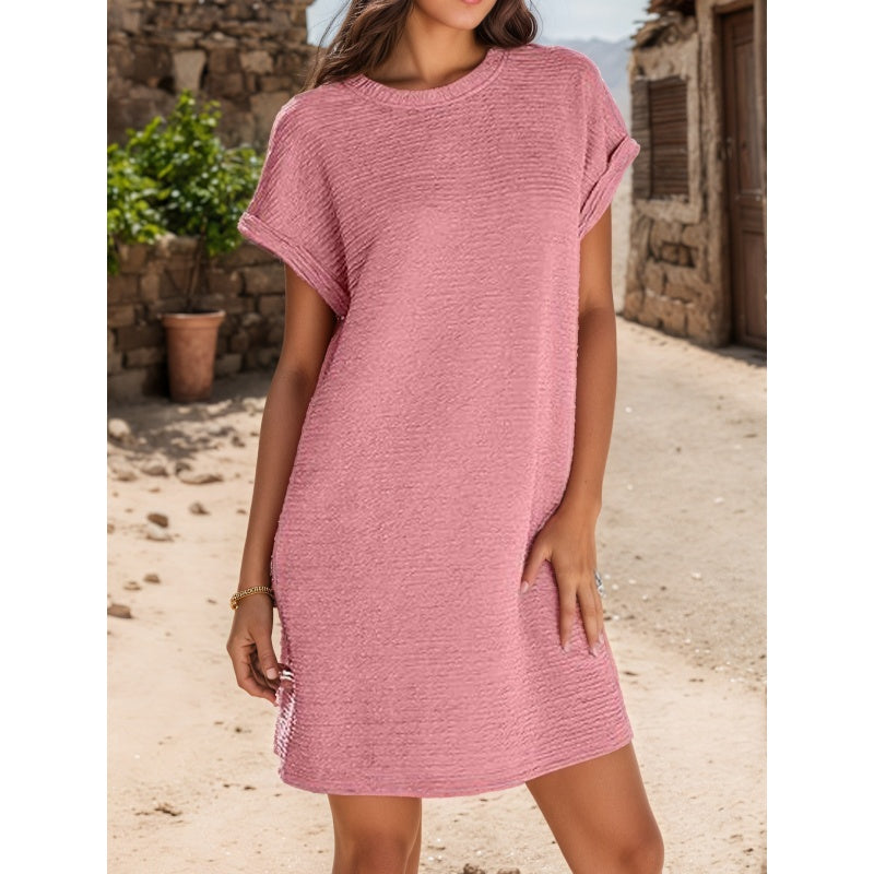 Women's Loose Roll Sleeve Pocket Solid Color Dresses