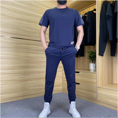 Men's High Stretch Short Sleeve Top & Jogging Pants 2-Piece Set