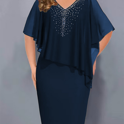 Rhinestone V-Neck Cape Dress with Chiffon Overlay