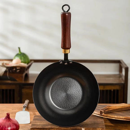 Handmade Hammered Cast Iron Non-Coated Wok with Lid
